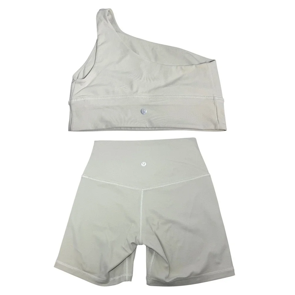 Lululemon Align One Shoulder Bra Shorts Set Ivory Nulu Yoga Athleisure 8 6
